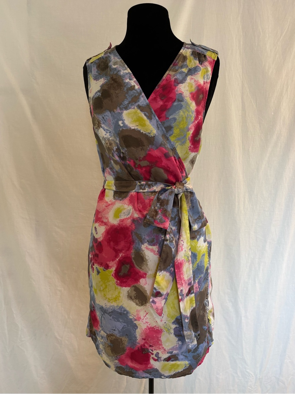 Banana Republic Silk Painterly Print Wrap Dress Self Tie Large Coastal Chic